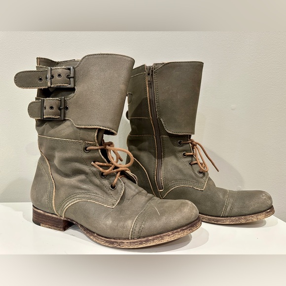 Matisse Olive Green Leather “Lance” Combat Buckle Zip & Lace Up Boots 7 1/2 - Picture 4 of 12